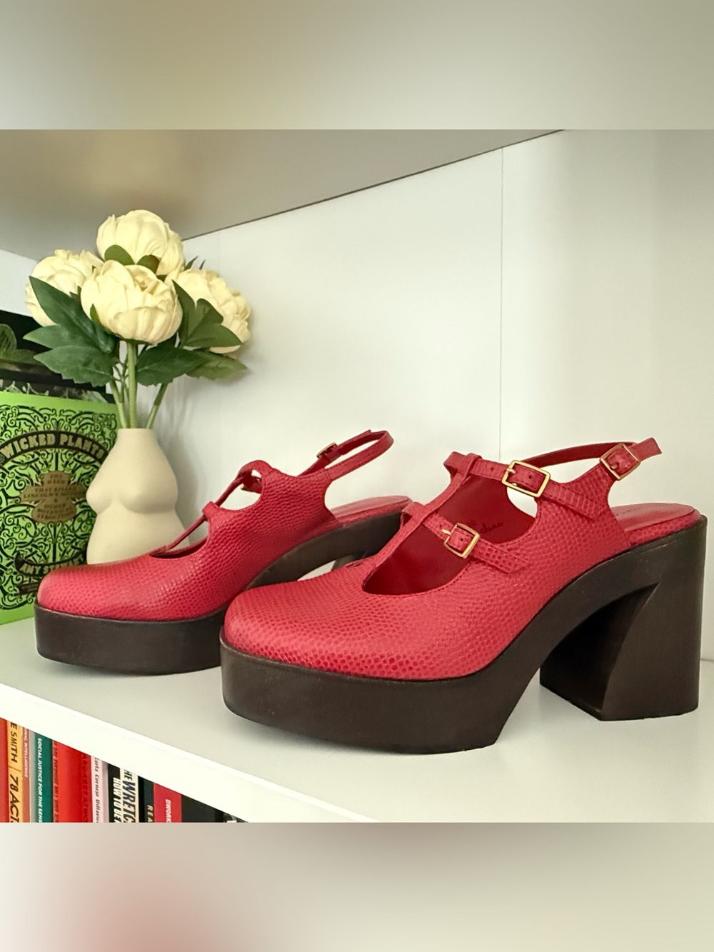 Charlotte Stone “Gael” T-Strap Platform Sandals - Begonia Red